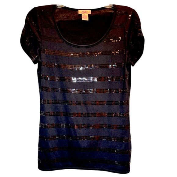 NWOT Candie's Black Sequin Striped Short Sleeve Top. Sparkle & Chic!  Large - Picture 6 of 6
